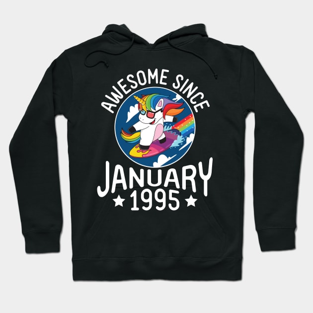 Unicorn Surfing Awesome Since January 1995 Happy Birthday 26 Years Old To Me Dad Mom Son Daughter Hoodie by DainaMotteut